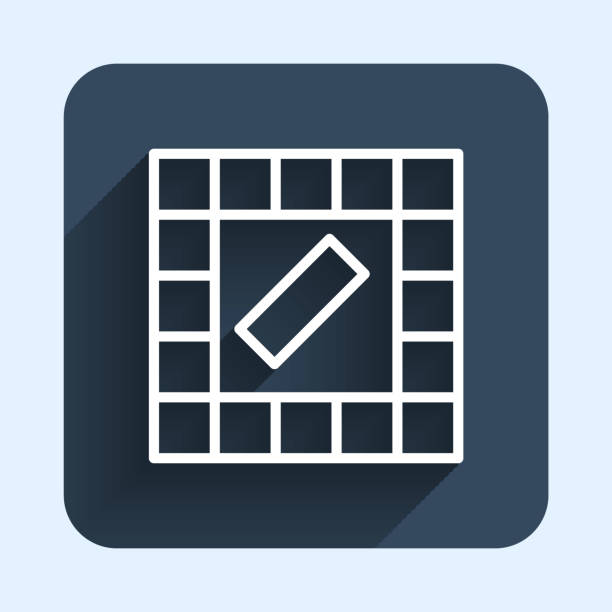 White line Board game icon isolated with long shadow background. Blue square button. Vector White line Board game icon isolated with long shadow background. Blue square button. Vector. blackboard and businessman in starting position stock illustrations