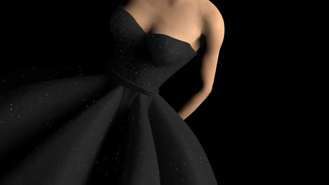 A young caucasian woman in a beautiful black puffy gown on the dark background 3D 4K animation with copy space