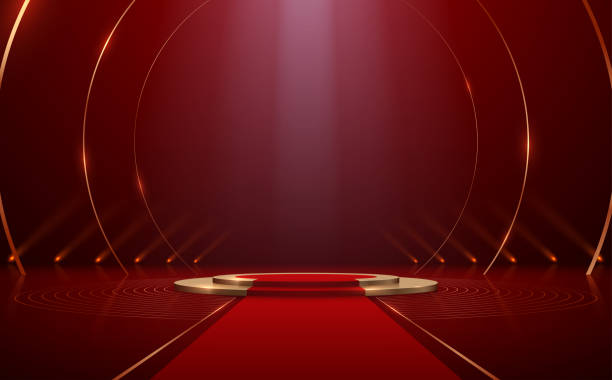 ilustraciones, imágenes clip art, dibujos animados e iconos de stock de podio rojo y dorado con efecto de luz - ceremonia de entrega de premios