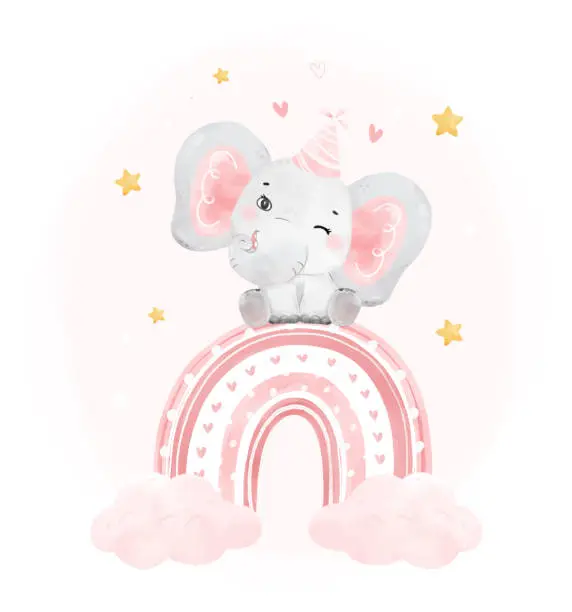 Vector illustration of cute happy cheerful smile baby pink elephant girl sitting on pink rainbow, adorable nursery birthday wildlife animal watercolour cartoon illustration