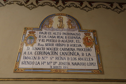 Pena de Arias Montano, Alajar, Huelva, Spain, April 23, 2023: Poster inside the Shrine of Our Lady Queen of the Angels. Rock of Arias Montano, Alajar, Huelva, Spain