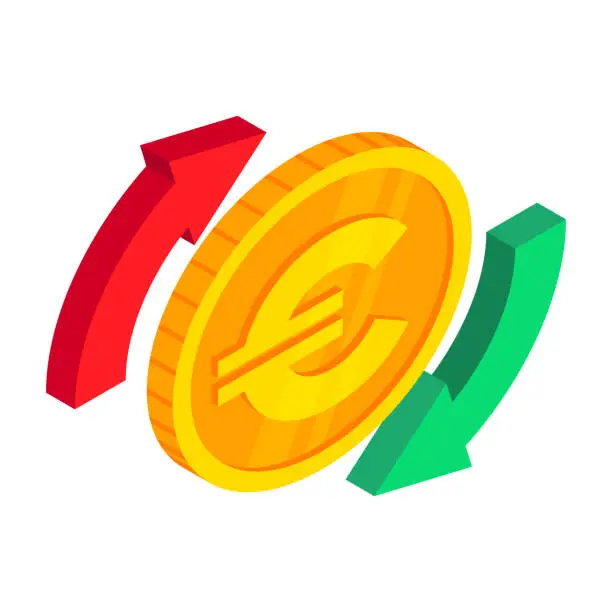 Vector illustration of Isometric euro exchange icon. Gold euro coin with arrows. 3d Cash, Euro currency, investment and banking concept, money exchange symbol with circle arrows. 3d Vector european currency exchange