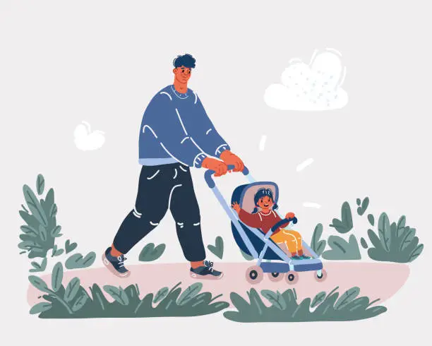 Vector illustration of Vector illustration of man walks with a child in a stroller in the Park