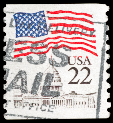 A Stamp printed in USA shows the U.S. Flag, circa 1981