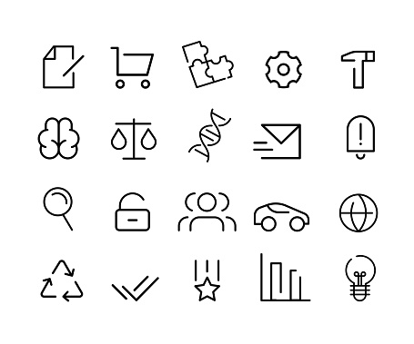 Set of different icons for social marketing, business, logistics, science, shopping cart, documents, settings, widgets, recycle, ideas, graphs, innovation, web, human resources, IT and communication