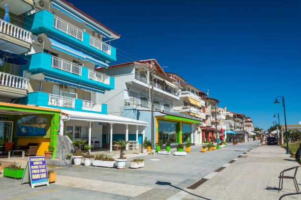 Tourist places in Greece Olympiaki Akti, Greece - 18 September 2022: Tourist village "Olympic beach" in Greece, near Olympus Mount katerini greece photos stock pictures, royalty-free photos & images