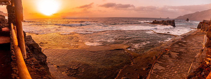 Panoramic at sunset in the natural pools of La Maceta in El Hierro, Canary Islands