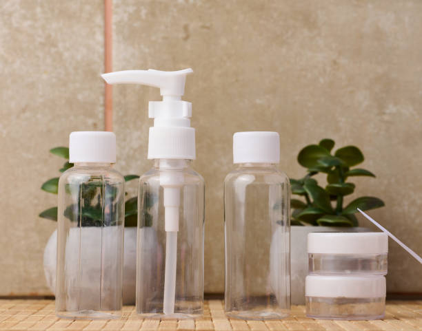 istock Transparent plastic container for cosmetics on the table, bottles for liquid cosmetics 1484827671