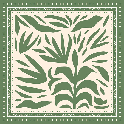 Silk scarf design with tropical leaves. Abstract ethnic style. Vector illustration