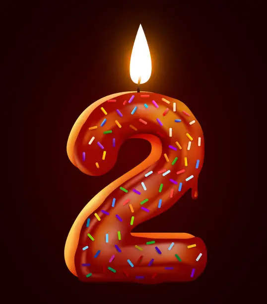 Vector illustration of Birthday cake font number 2 with candle. Two year anniversary. Tasty collection.