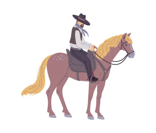 Vector illustration of Bearded cowboy or ranger in wide-brimmed hat on horse, flat vector isolated.