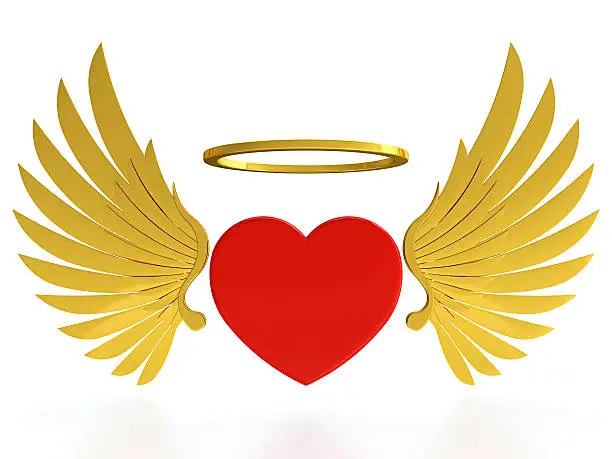 Red heart with golden wings and halo on white background