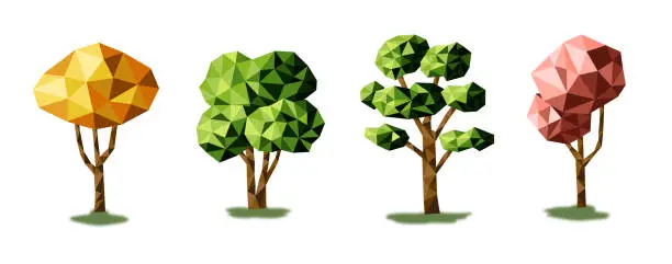 Vector illustration of Set of low poly trees, bushes, and stones. Geometric 3D trees. Entourage elements for the landscape design. Vector.