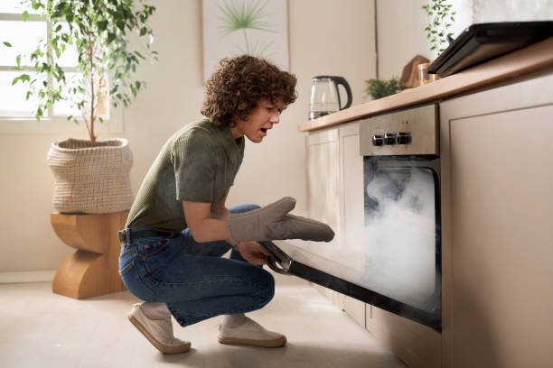 Woman burning food in the oven stock photo