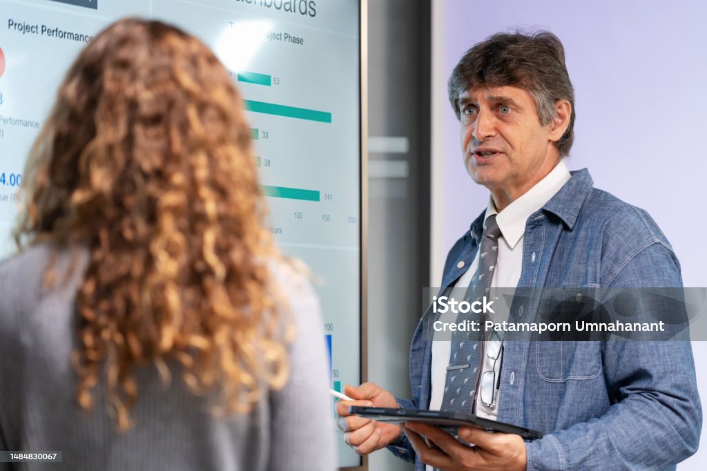 Launch of new products is to strengthen the business for sustainable growth. Sales executive meeting with management team and showing the customer feedback on the TV screen in the meeting room at office. Brainstorming and finding the best solution. Active Seniors Stock Photo