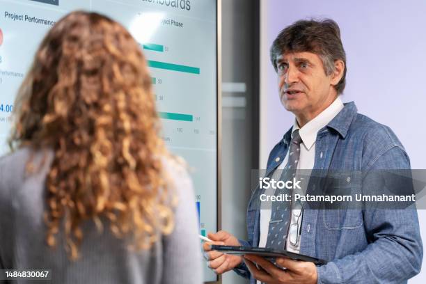 Launch Of New Products Is To Strengthen The Business For Sustainable Growth Sales Executive Meeting With Management Team And Showing The Customer Feedback On The Tv Screen In The Meeting Room At Office Brainstorming And Finding The Best Solution Stock Photo - Download Image Now