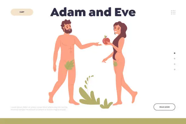 Vector illustration of Adam and Eve landing page design template, forbidden apple fruit concept for website banner
