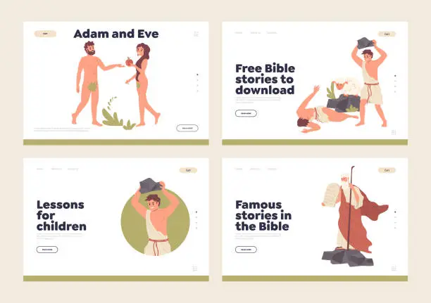 Vector illustration of Set of landing page for online service offering free Bible stories, religious education and study