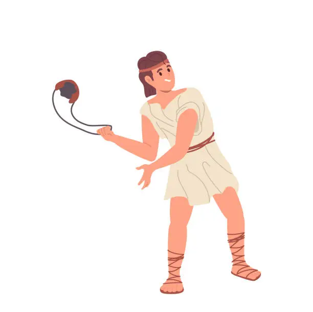 Vector illustration of Young antique brave guy named David Bible character in traditional clothes throwing stone from sling