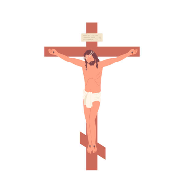 Jesus Christ crucified on cross isolated on white background, Bible and holy characters concept Jesus Christ crucified on cross isolated on white background. Crucifixion on Golgotha mountain Bible story, holy characters and passion of Mesiah, sacrifice of God concept. Christianity religion what mountain was jesus crucified on stock illustrations