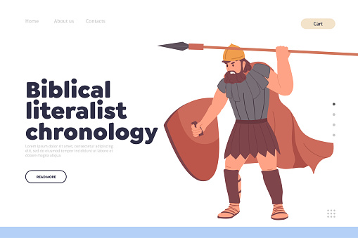 Biblical literalist chronology landing page for website with online religious stories about Israeli people and history. Giant warrior Goliath in armor, helmet with shield and spear vector illustration