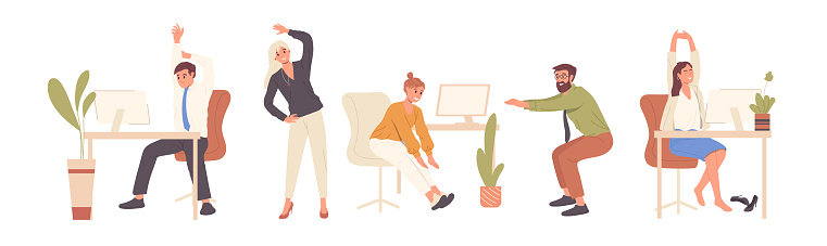 Set of people office worker doing active physical exercises during break time to get rest and relax vector illustration. Businessman and businesswoman practicing workout warm-up and yoga at workplace