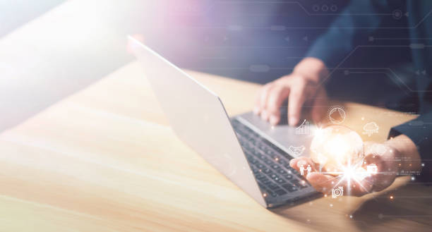 istock man Hand holding virtual Global Internet connection metaverse. Business global internet connection application technology and digital marketing, Financial and banking, Digital link tech, big data. 1484831100