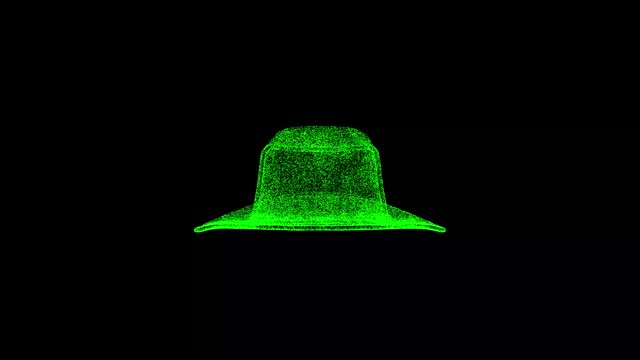 3D cowboy hat rotates on black bg. Object dissolved green flickering particles 60 FPS. Business advertising backdrop. Science concept. For title, text, presentation. 3D animation