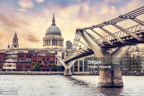 St Pauls Cathedral Seen From Millenium Bridge In London The Uk Stock Photo - Download Image Now