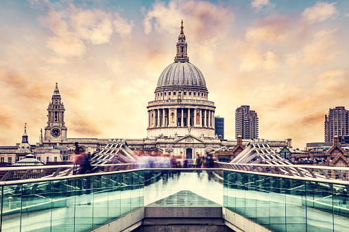 St Paul's Cathedral seen from Millenium Bridge in London, the UK. Vintage