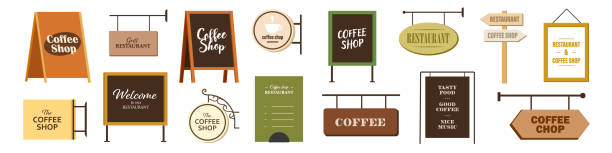看板アイコンセット。コーヒーショップとレストランのバナーセット。 - commercial sign点のイラスト素材／クリップアート素材／マンガ素材／アイコン素材