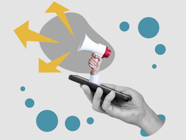istock Collage Smartphone with a hand holding a megaphone. Digital marketing concept. 1484835182