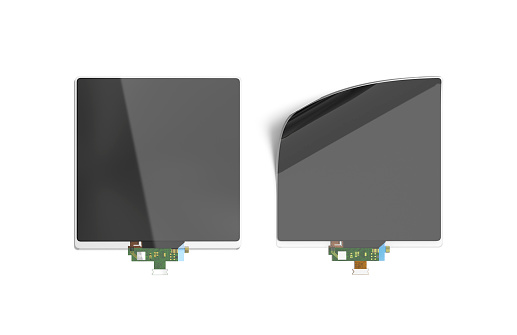 Blank black flexible flat and folded corner rectangular display mockup, 3d rendering. Empty led fold touchscreen for reclaim mock up, top view. Clear device monitor prototype template.