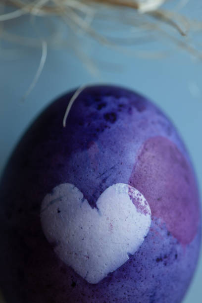 purple egg with heart dyed blueberries for easter on blue background.