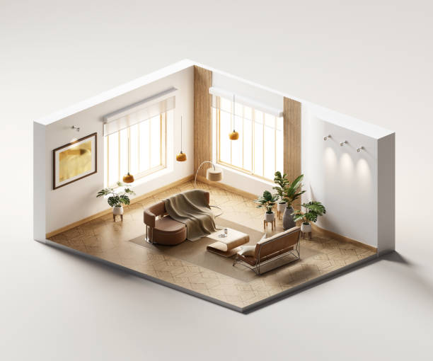 istock Isometric view living room muji style open inside interior architecture 3d rendering digital art 1484837456