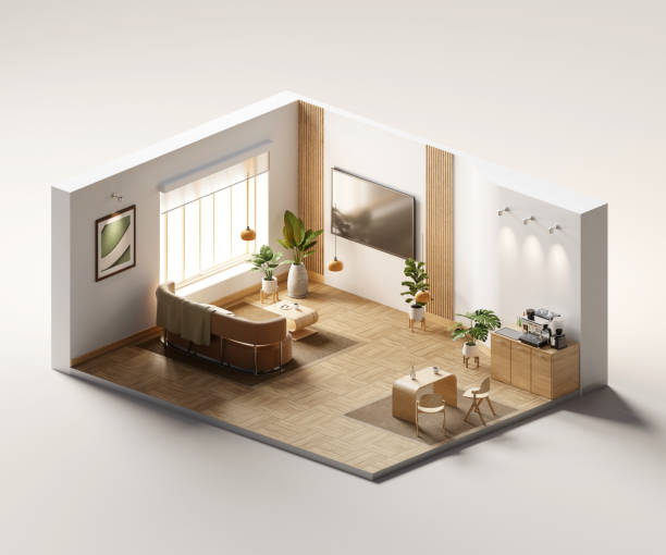 istock Isometric view living room muji style open inside interior architecture 3d rendering digital art 1484837462