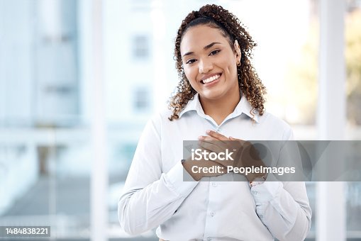istock Black woman, business and happy portrait with hands on chest for care, kindness and love for charity. Face of person with smile and emoji for heart, thank you and gratitude or trust and hope mockup 1484838221