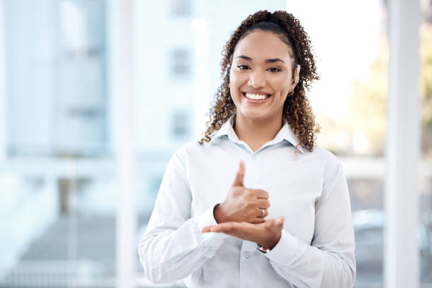 help, black woman portrait and sign language with deaf person thumbs up hand. face of model with hearing disability, symbol and communication for support, charity and assistance with mockup space - sign language imagens e fotografias de stock