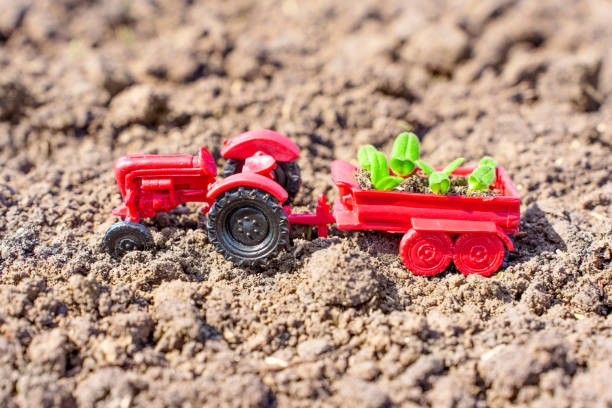 istock Spring Farming with a Toy Tractor and Seedlings 1484838379