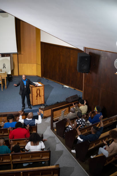 istock Wide view from above church service 1484841647