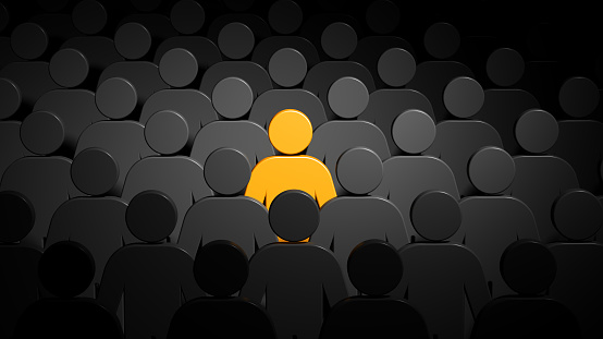 3d illustration of a lot people with unique yellow person. Stand out from the crowd. Leader of business group. Teamwork concept.