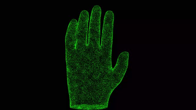 3D human palm rotates on black bg. Object dissolved green flickering particles 60 FPS. Business advertising backdrop. Science concept. For title, text, presentation. 3D animation