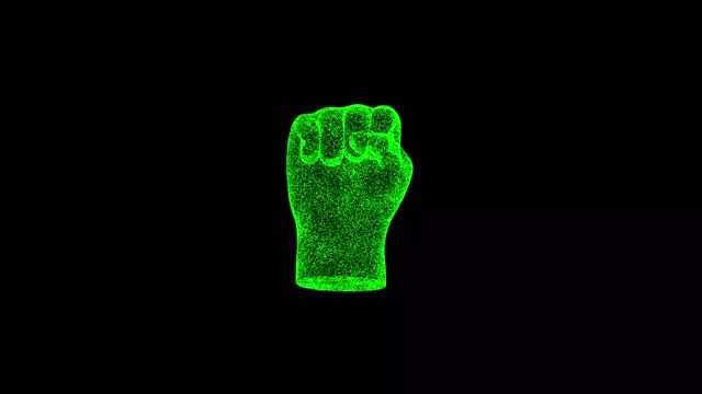 3D human fist rotates on black bg. Object dissolved green flickering particles 60 FPS. Business advertising backdrop. Science concept. For title, text, presentation. 3D animation