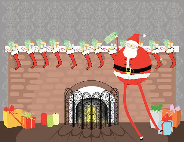 Vector illustration of Mantel with Stockings & Tall Santa