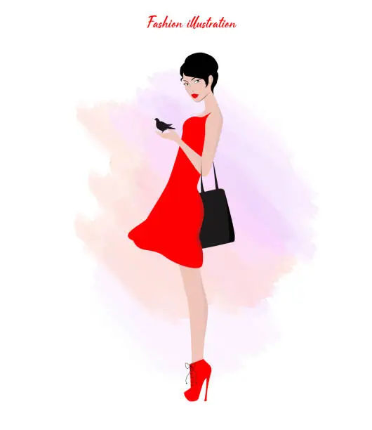 Vector illustration of Fashion woman in red dress on watercolor background