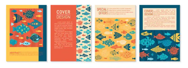 Vector illustration of Abstract fish trendy cover card design exotic nautical pattern page flyer notebook aquarium animals