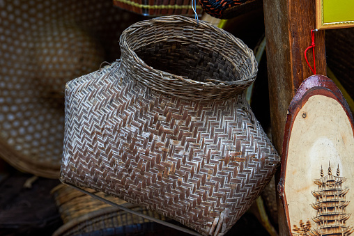 Close-up of bamboo baskets for sale in the market