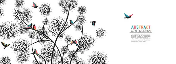 Vector illustration of Flock bird tree design background exotic pattern backdrop horizontal template vintage banner dove