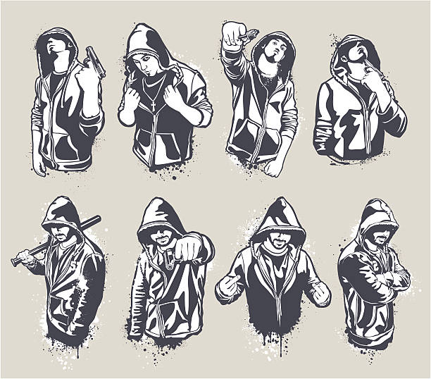 ilustraciones, imágenes clip art, dibujos animados e iconos de stock de hoody gangsters de - hood graffiti urban scene men