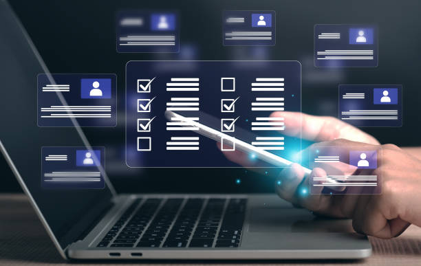 istock Employees management and human resource, Recruitment concept. Online survey form, answer the test questions marked orchecklist or looking at many different cv resume and choosing perfect person. 1484855408